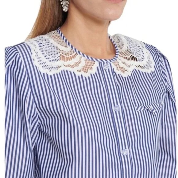 Self-Portrait Blue & White Embroidered Stripe Lace Inset Top - Picture 1 of 4